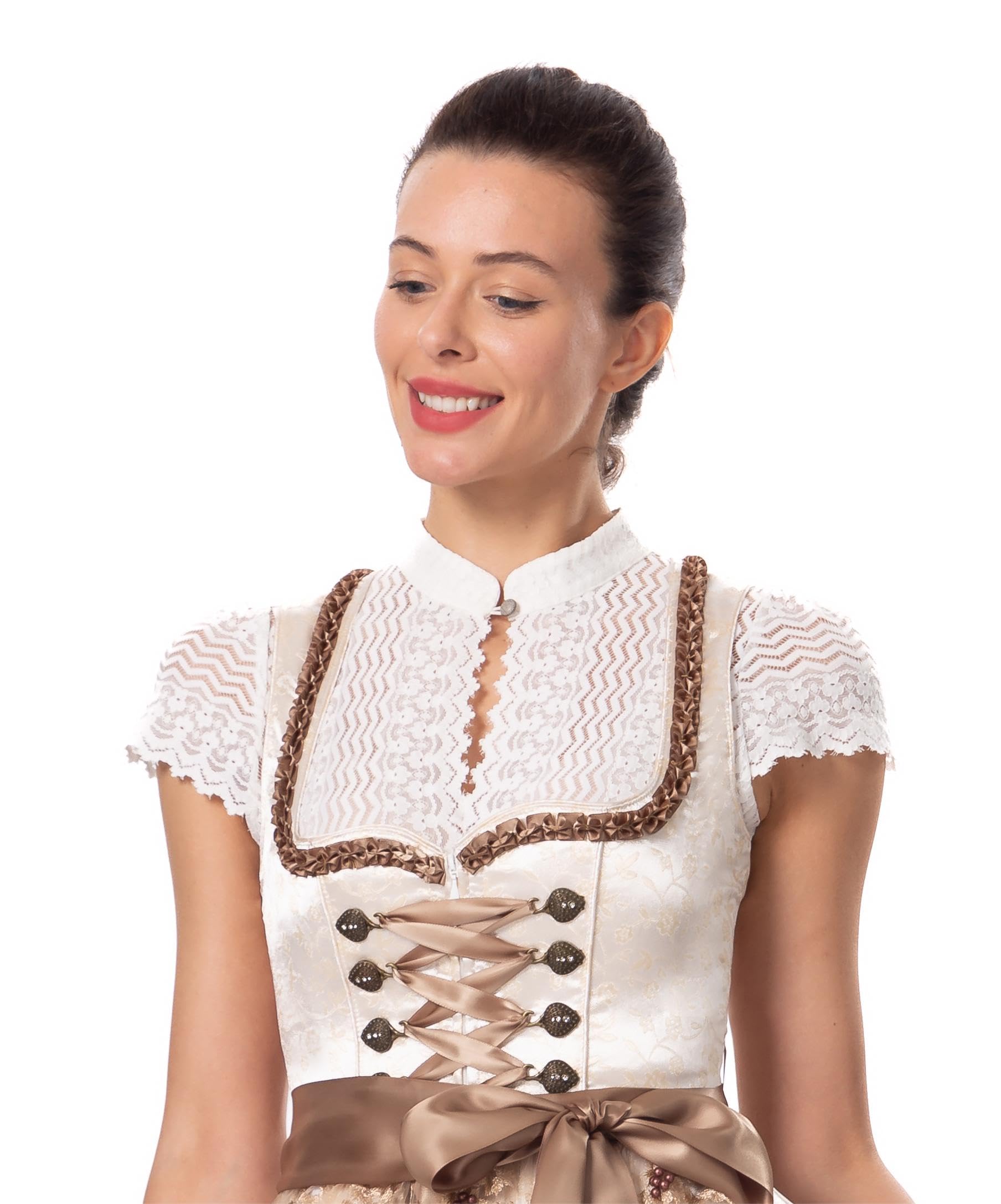 Dirndl Bluse Damen Kurzarm Spitze Spitze Trachtenmode Elegante | mit Knöpfe,Lochausschnitt,Dirndlbluse Hochgeschlossen,3/4 Arm,Elegante,Oktoberfest Damen Bluse klassisch(Creme)Größe 34-44