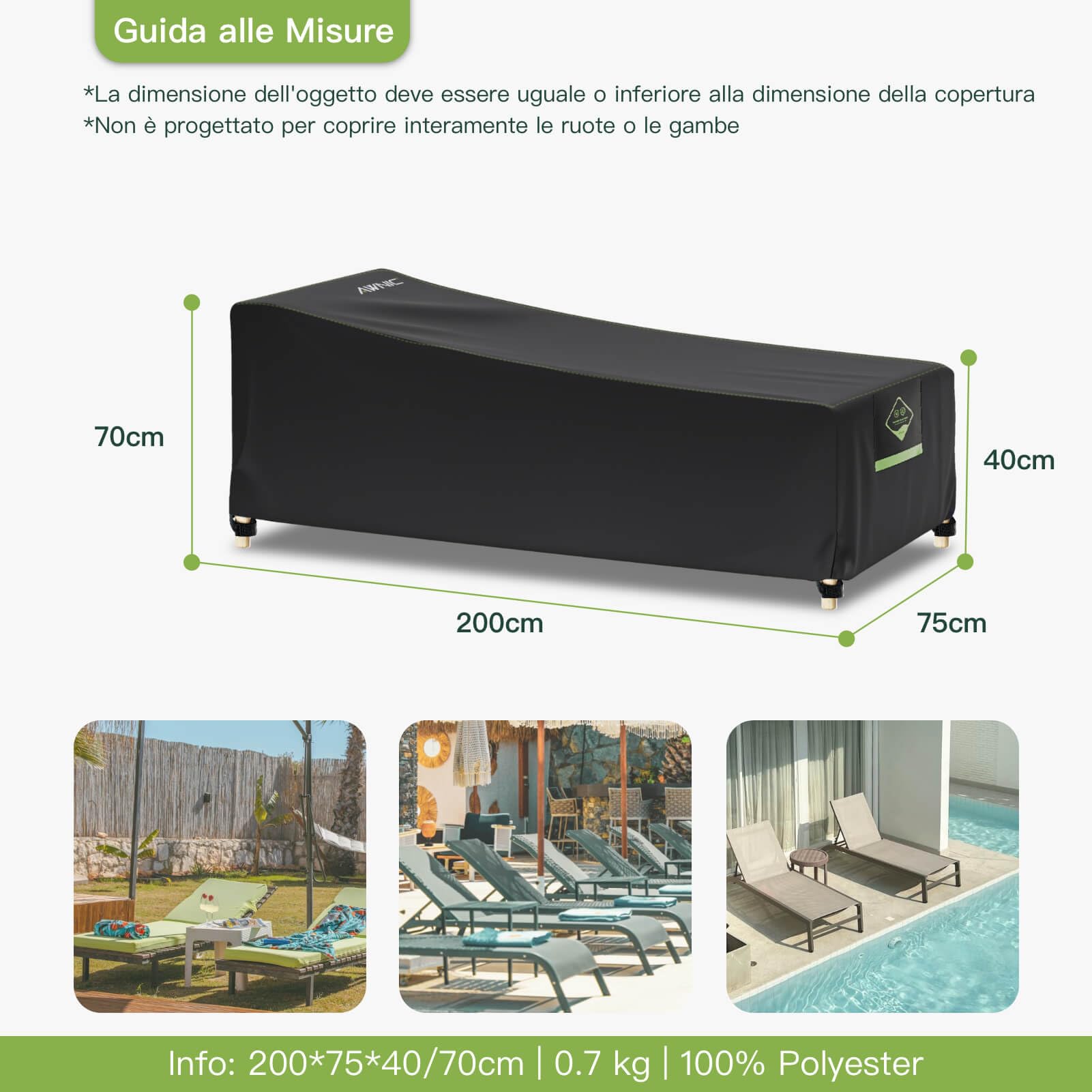 AWNIC 2 pezzi copertura protettiva per sdraio da giardino, copertura per sdraio in rattan, impermeabile 420D, 200 x 75 x 40/70 cm