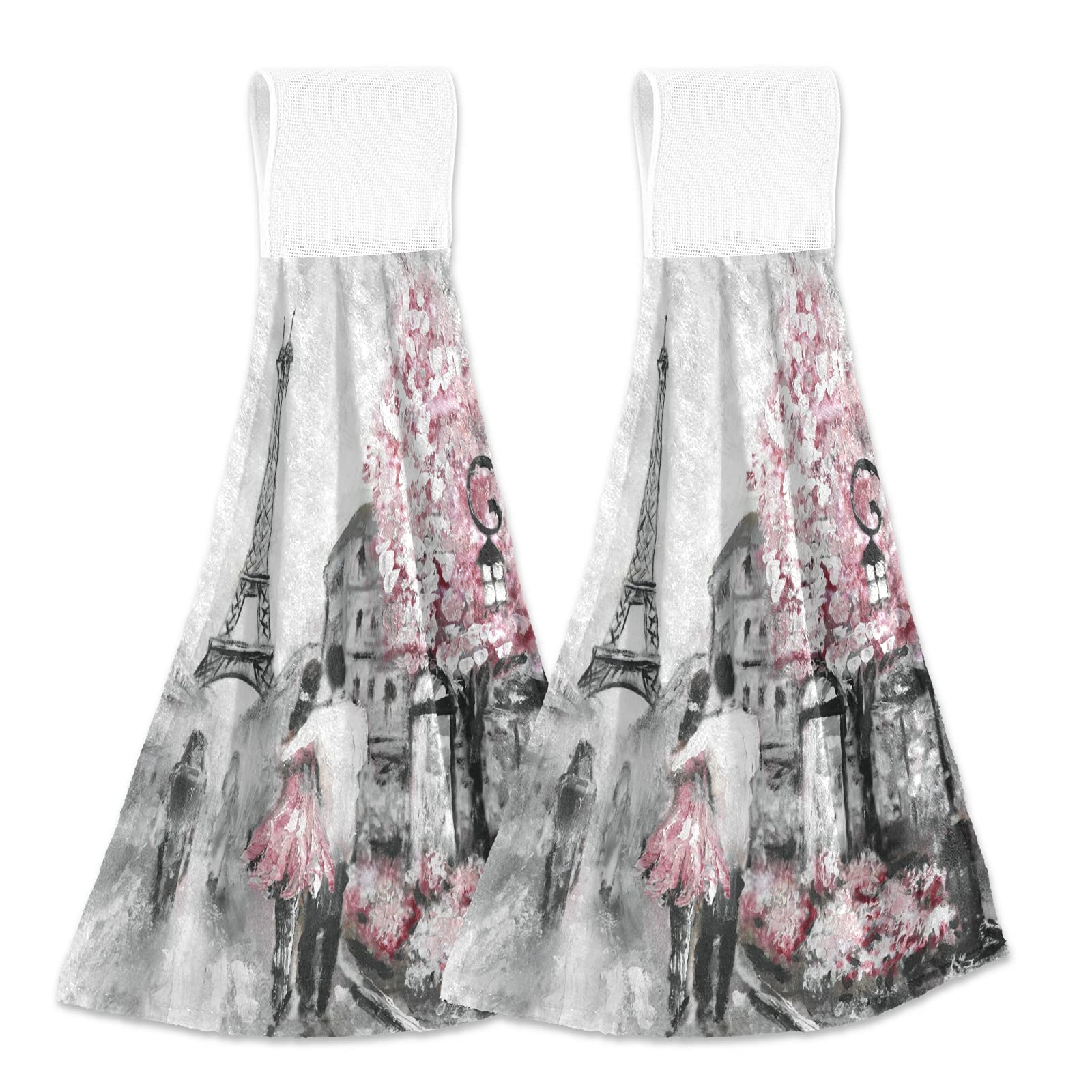 Poeticcity Grey,Pink Couple In Grey Paris Street Pink Cherry Blossom Flowers Eiffel Tower 2 Pcs Hanging Kitchen Hand Towel, Dish Dishcloth Towels With Hanging Loop, Absorbent Tea Bar Bath Tie Towel For Tabletop Kitchen