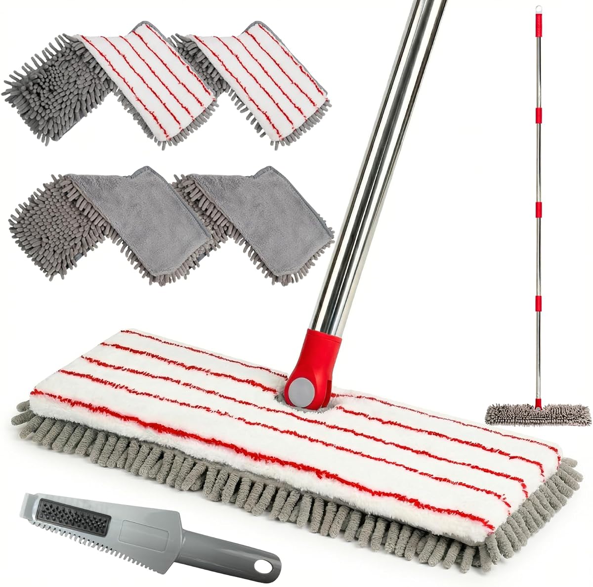 Trapeador de microfibra para limpieza de pisos de madera, laminado, azulejos y mármol | 4 almohadillas de trapeador lavables, trapeador abatible de doble cara, uso en seco y húmedo, mango de 62" de largo, raspador de limpieza de almohadilla incorporado