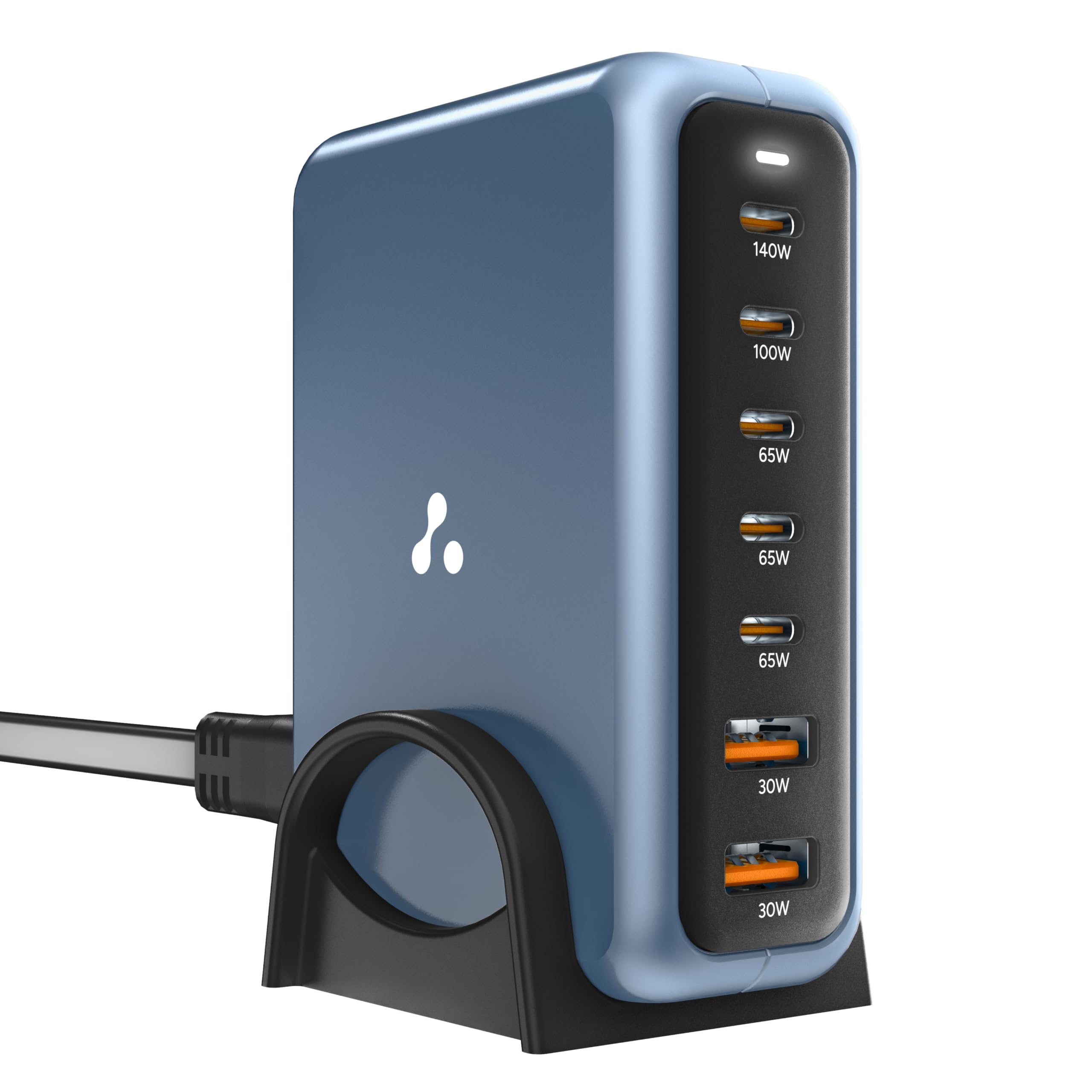 Ambrane 140W GaN Charger Hub, Charge 7 Devices, 100W Macbook/Type C Laptop Charging, 5 Type-C PD Technology, 2 USB-A Ports, Long Cable, Fast Charging-Mobile, Laptop, All Devices (Charge Hub 140, Blue)