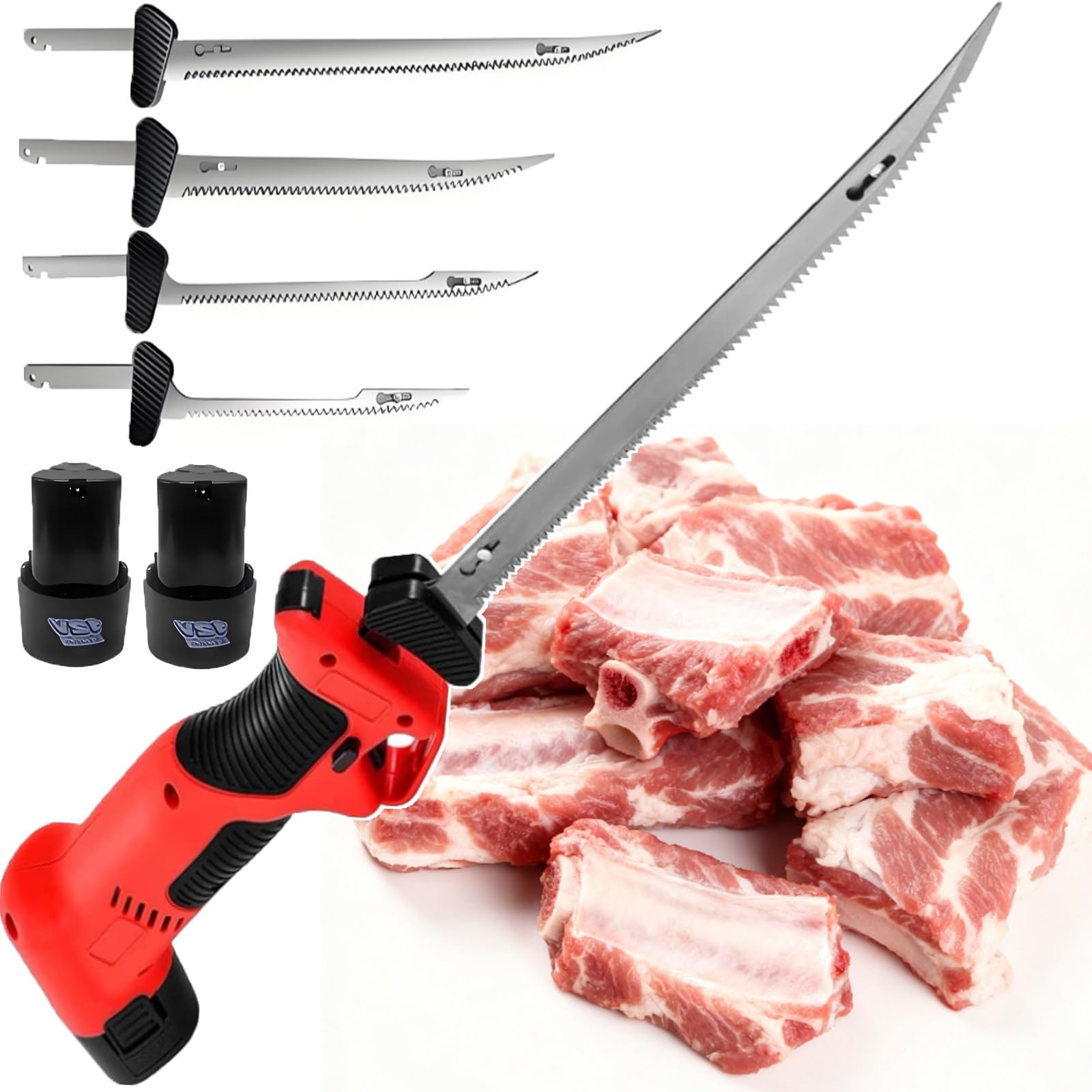 Coltello Elettrico Cordless Professionale per Filetti/Ossa Piccole - Sega Alternativa per Filetti di Pesce/Carne, Ricaricabile, per Campeggio E Pesca, con 4 Lame, 2 Batterie da 2000 mAh