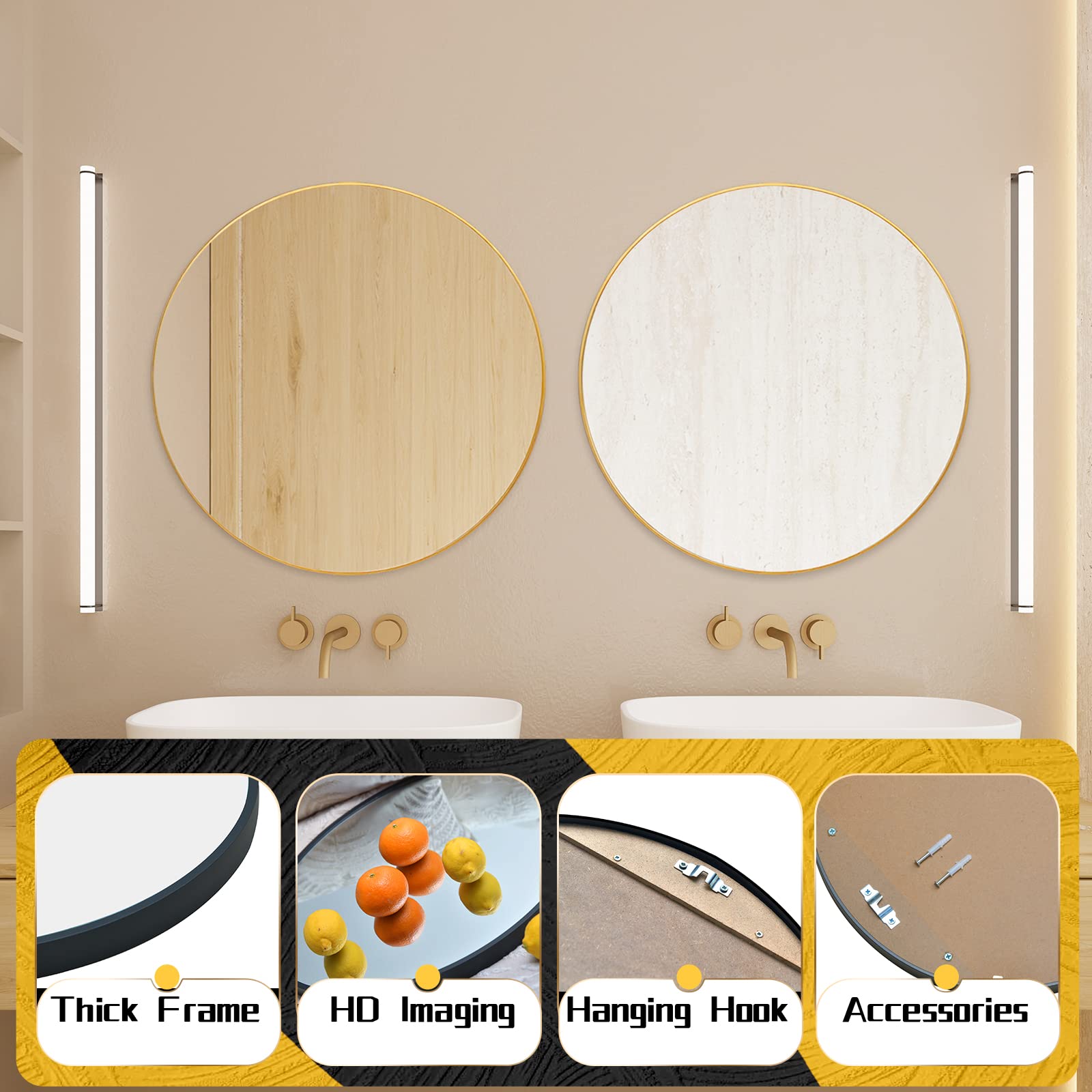 Beauty4U 24" Wall Circle Mirror Large Round Gold Farmhouse Circular Mirror for Wall Decor Big Bathroom Make Up Vanity Mirror Entryway Mirror