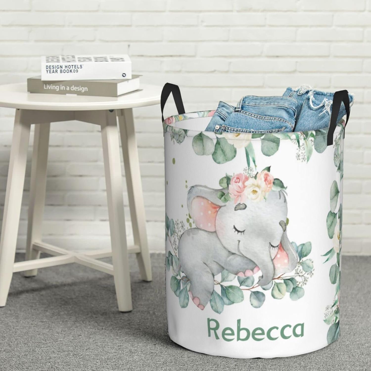 Pink Floral Elephant Personalized Laundry Basket Name Clothes Hamper with Handles Waterproof Laundry Storage Baskets for Bedroom Bathroom Decor.