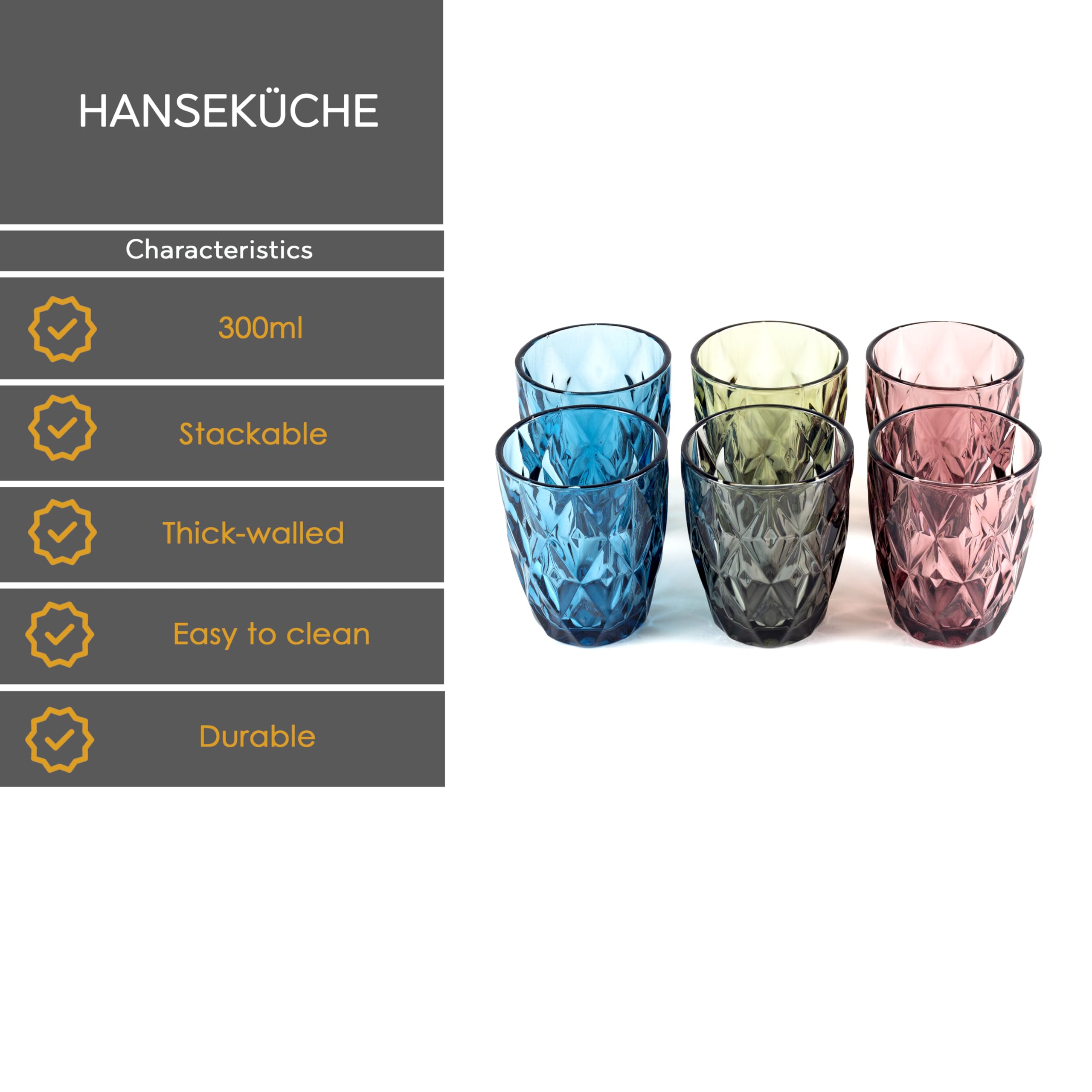 Hanseküche Lot de 6 verres de 250 ml | colorés de haute qualité | pour l'eau, jus de fruits, cuisine | Lavables au lave-vaisselle en verre