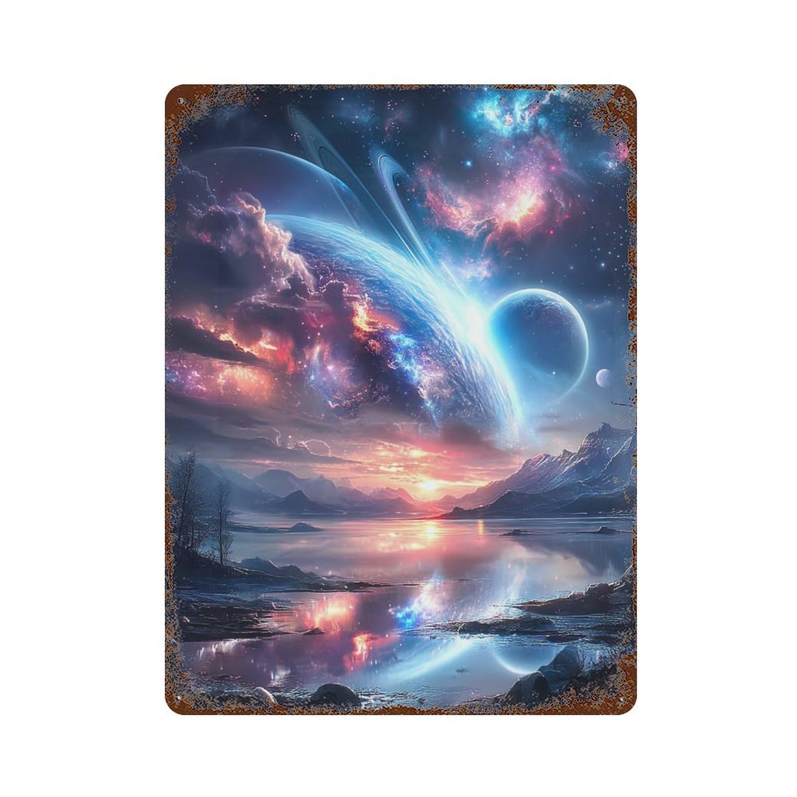 Galactic Reflections Celestial Landscape -2 Rust Effect Tin Sign 15.7"x11.8", Vintage Wall Decor for Bistro, Counter And Cafe Decor