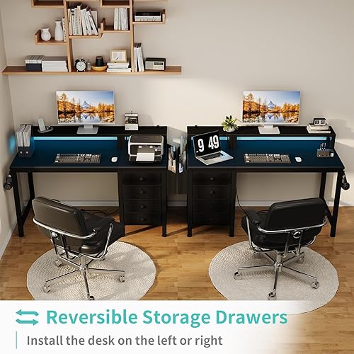 Miniatura 5 de Lufeiya Escritorio para juegos con luces LED y tomas de corriente, escritorio para computadora de 47 pulgadas con cajones de tela, escritorio