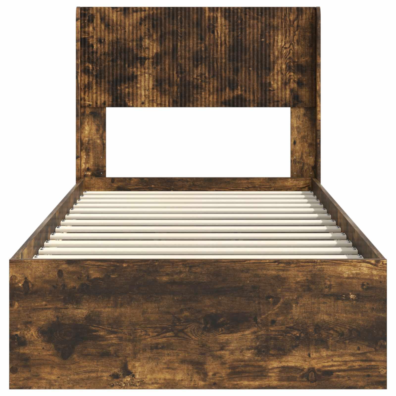 Rama de cama con almacenamiento y cabecero Rovere Fumo 105x203 cm somier de listones fijos compartimentos integrados estructura moderna madera ingenierizada soporte 140 kg fácil montaje