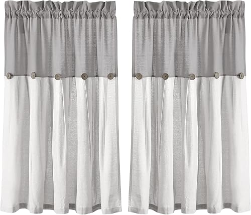 Miniatura 7 de Lush Decor Cortinas Farmhouse de Lino con Botones Juego de Niveles, Par, 29" An x 36" L, Cortinas Farmhouse Gris y Blanco para Cocina