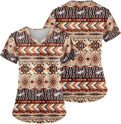 Miniatura 3 de AMOMA Camisa de enfermería con cuello en V para mujer, manga corta, con estampado azteca, con dos bolsillos