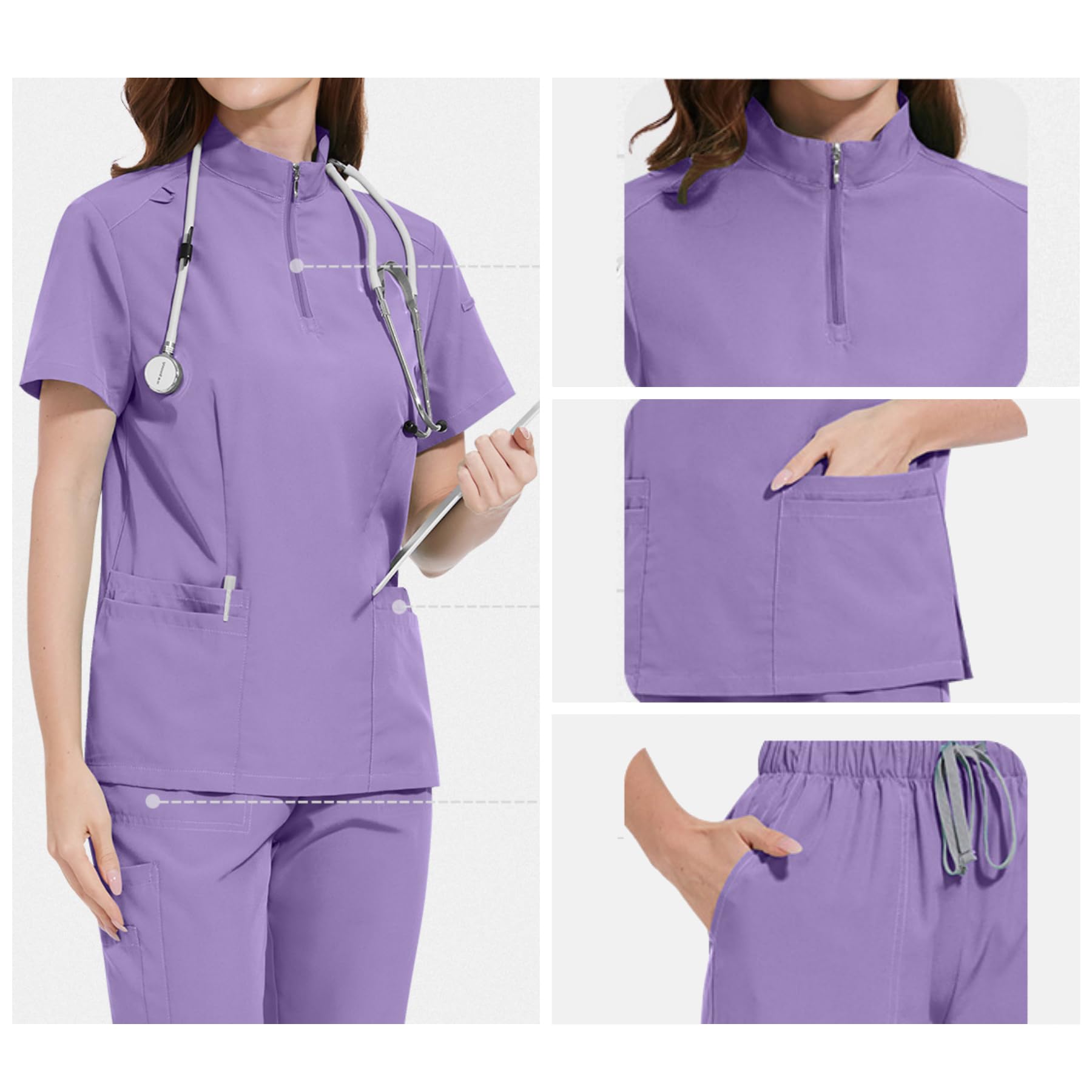 ThreeH Set Pantaloni e Camice per Uomo e Donna Divise mediche e sanitarie Camice con Colletto Alto e Pantaloni Jogger con Cintura in Vita e Tasche Multiple