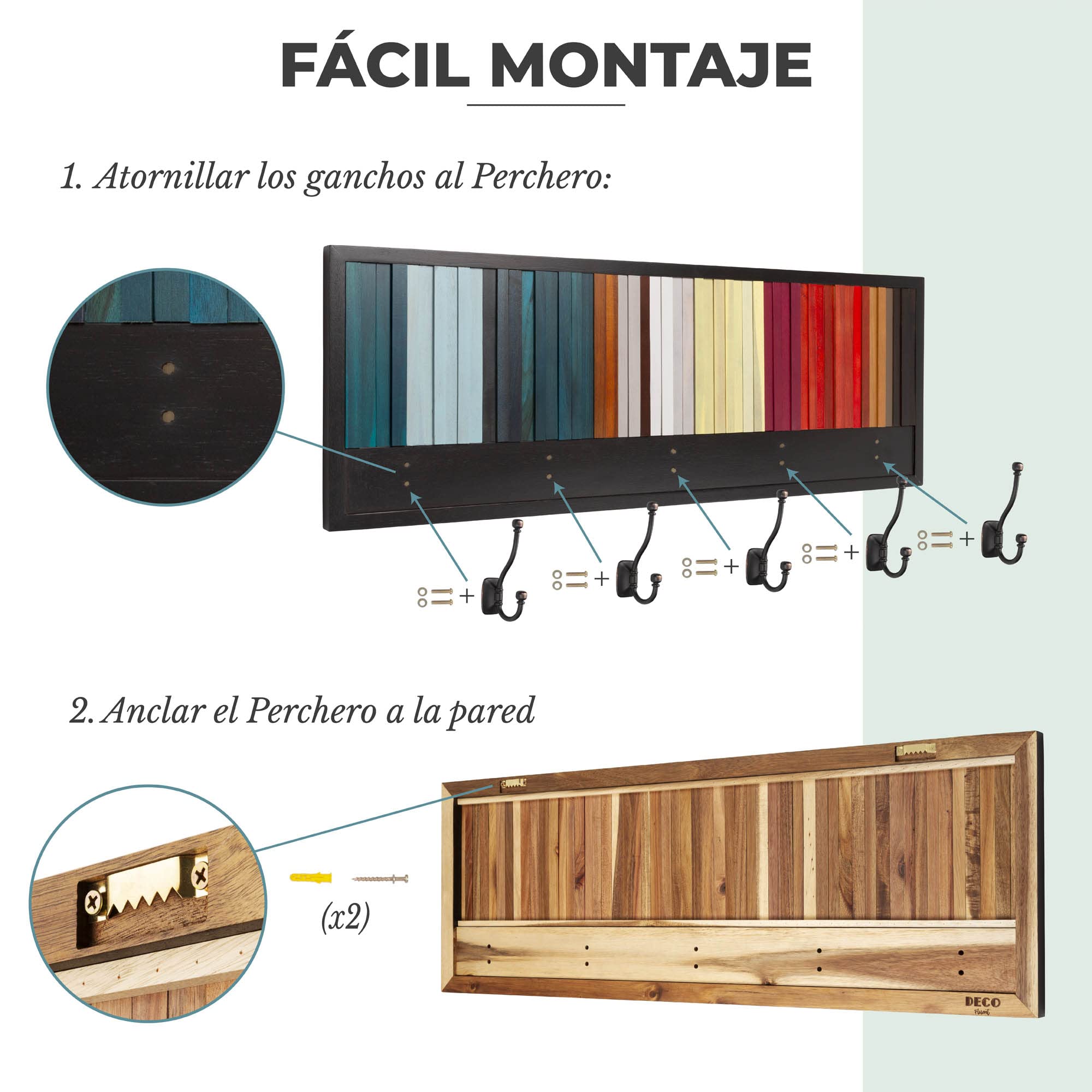 Perchero de Pared de Madera Natural Acacia, Perchero de 100x35cm con 5 Ganchos, Perchero de Madera Maciza para recibidor de Entrada.