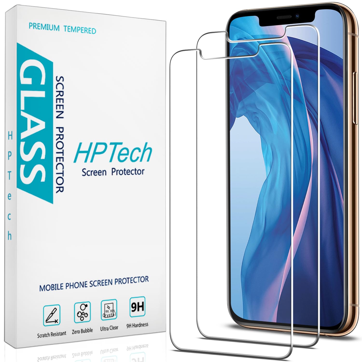 HPTech (2 Pack) Screen Protector for iPhone 11 Pro Max, iPhone XS Max 6.5-inch Tempered Glass, 9H Hardness, Bubble Free, Case Friendly