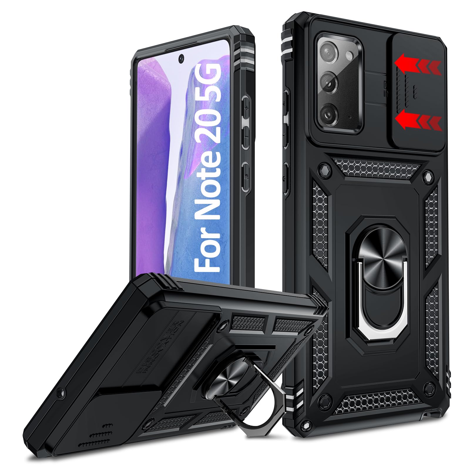 LeYi for Samsung Galaxy Note-20 Case: with Slide Camera Cover | Samsung Note 20 Case, Heavy Duty Dual Layer Cell Phone Case Android Mobile Cover Note20 Shell with Rotating 360 Ring, Black Classic Black 6.7 Inch (Note 20)