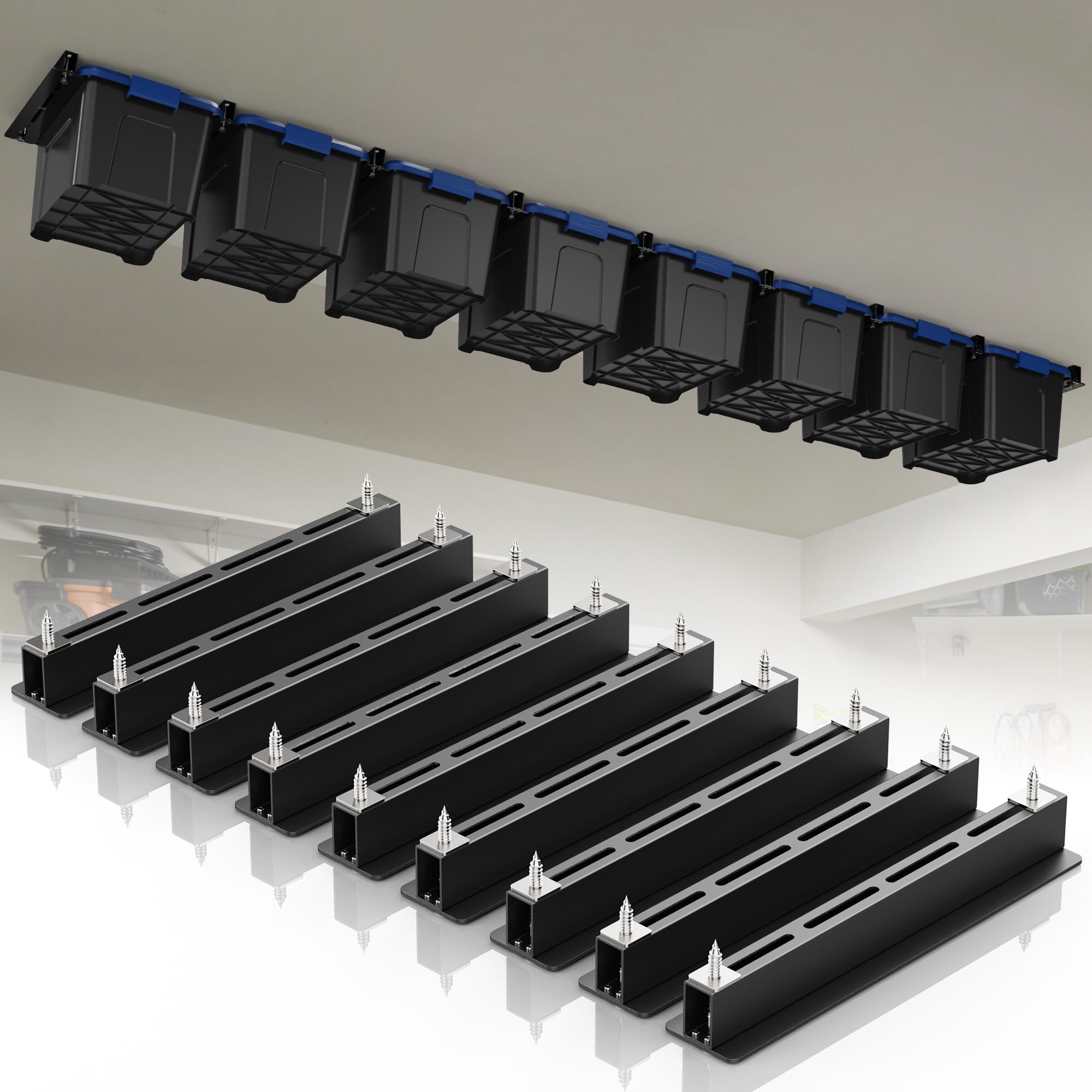 WooFog Overhead Garage Storage Rack Tote Rail