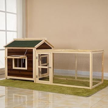 Wooden Rabbit Coop, Outdoor Bunny Cages with Run and Asphalt Roof, Pet House Perfect for Rabbits Guinea Pigs Chicken DucklingCarbonized Green,85 * 78 * 88CM