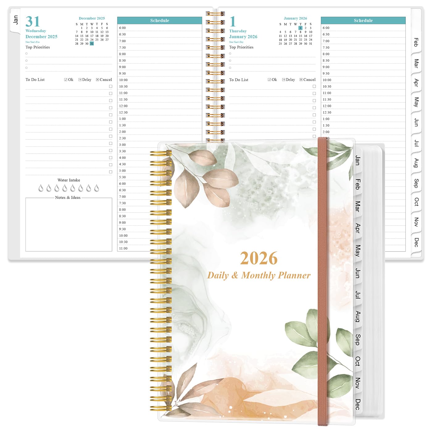 2025-2026 Daily & Monthly Planner - One Page Per Day, Daily Planner from July 2025 to June 2026, Planner 2025-2026 with 12 Monthly Tabs, 8.5" x 11", Rose Leaf