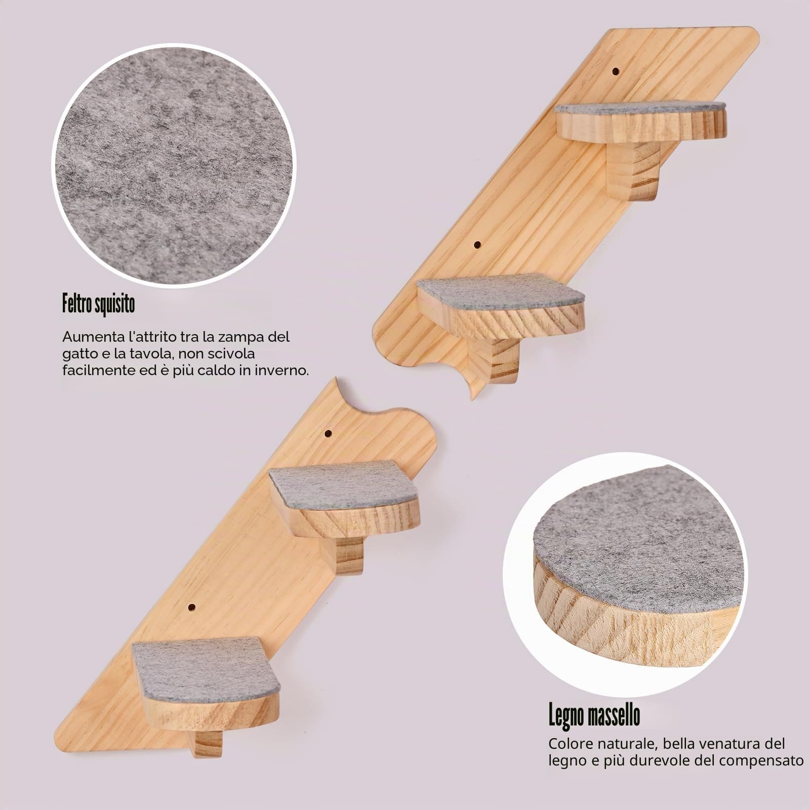 Mensola Montata a Parete per Gatto, Scala Mobili Quattro Passi in Legno Coperto di Peluche, Scaffale per Arrampicata