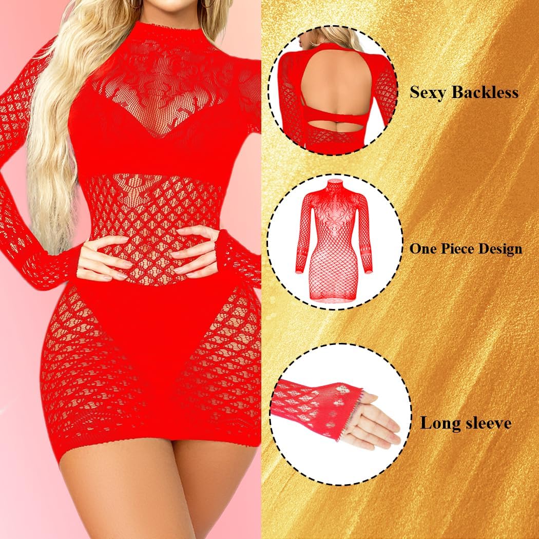 Women's Lingerie Dress, Sexy Fishnet Chemise Babydoll Bodysuit, Summer Long Sleeve Teddy Dress, Women Sexy Mesh Top - Image 3
