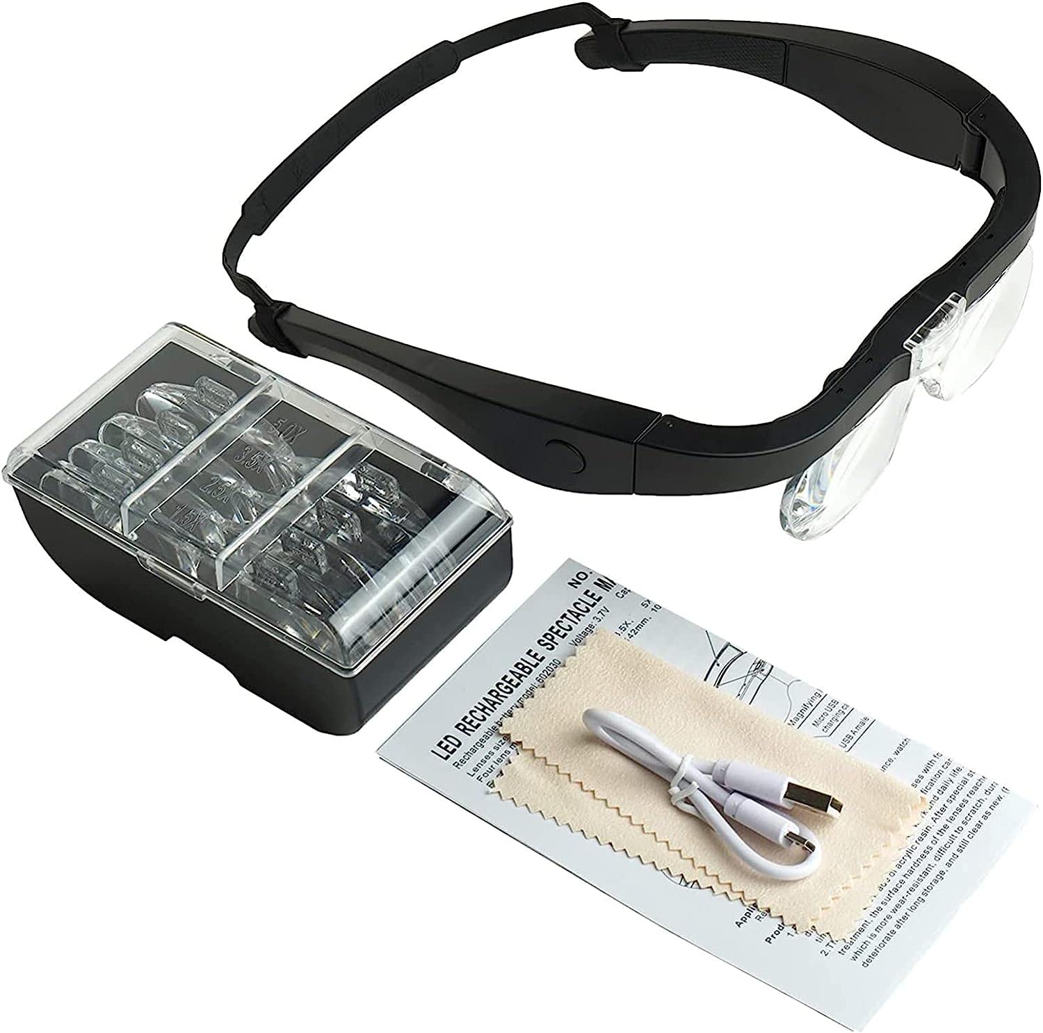 Lupa, Lupa De Lectura con Diadema, Luces Led, Lentes Desmontables 1.5X 2.5X 3.5X 5X, Gafas Manos Libres para Reparación De Relojes, Manualidades Y Pasatiempos.