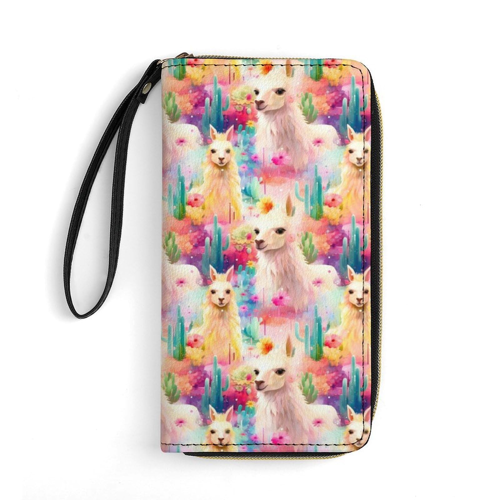 Colorful Cute Llama Alpaca Cactus Wallet for Women Mens PU Leather Credit Card Cash Id Holder Organizer with Zipper Coin Pocket And Wristlet
