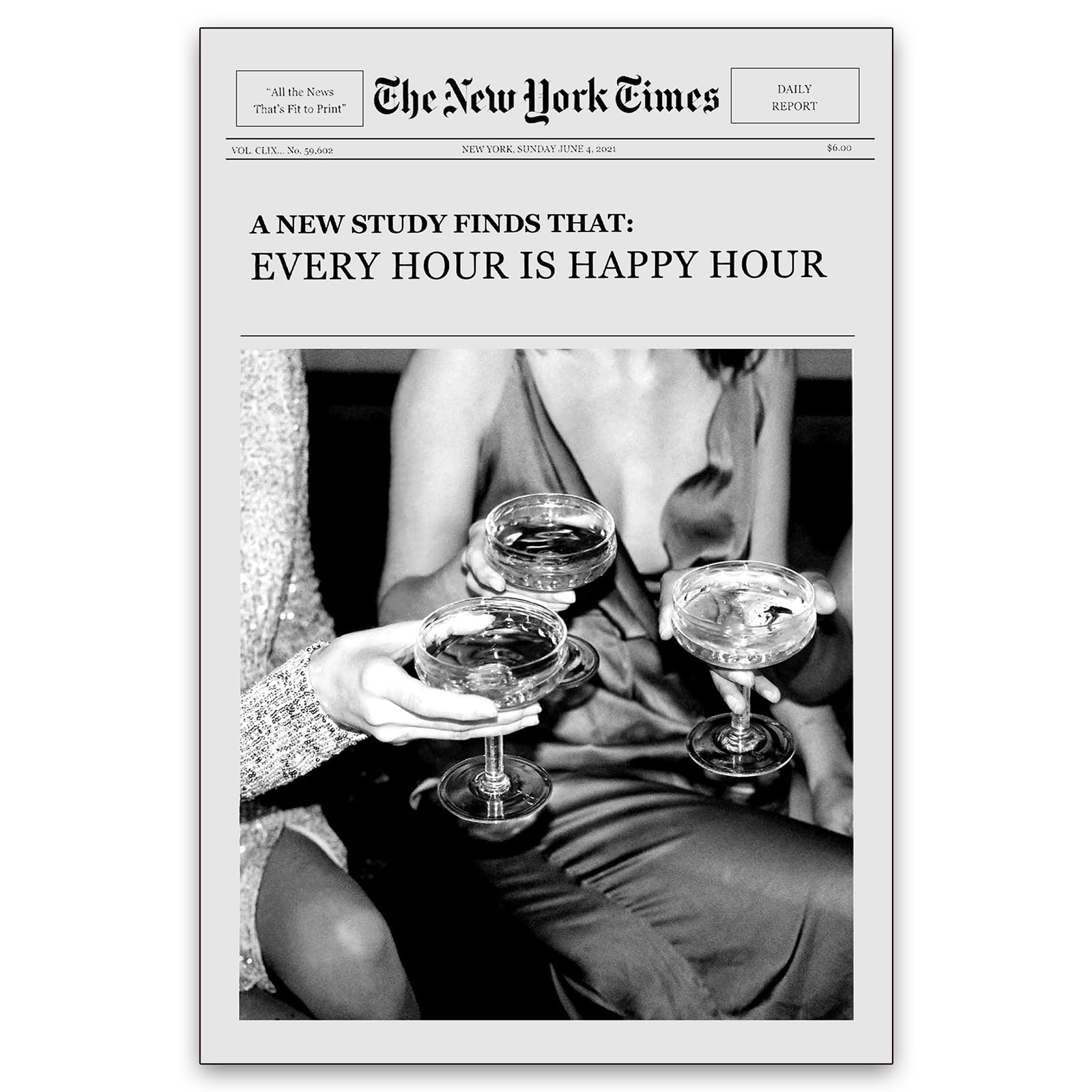 UNXIS Funky Black and White Wall Art Aesthetic Posters Vintage Trendy Girls Cocktail Canvas Prints Bar Cart Decor 12x16inch Unframed, Every Hour Is Happy Hour