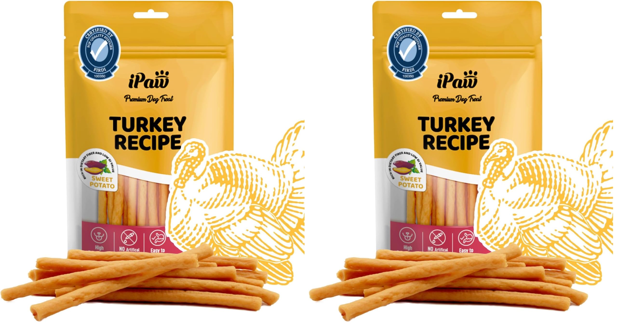 iPaw Turkey Dog Treats, SQF Certified Human Grade Dog Treat, Suitable for Training Chew, Hypoallergenic, Rawhide Alternative, Thin Stick (Sweet Potato) (Pack of 2)