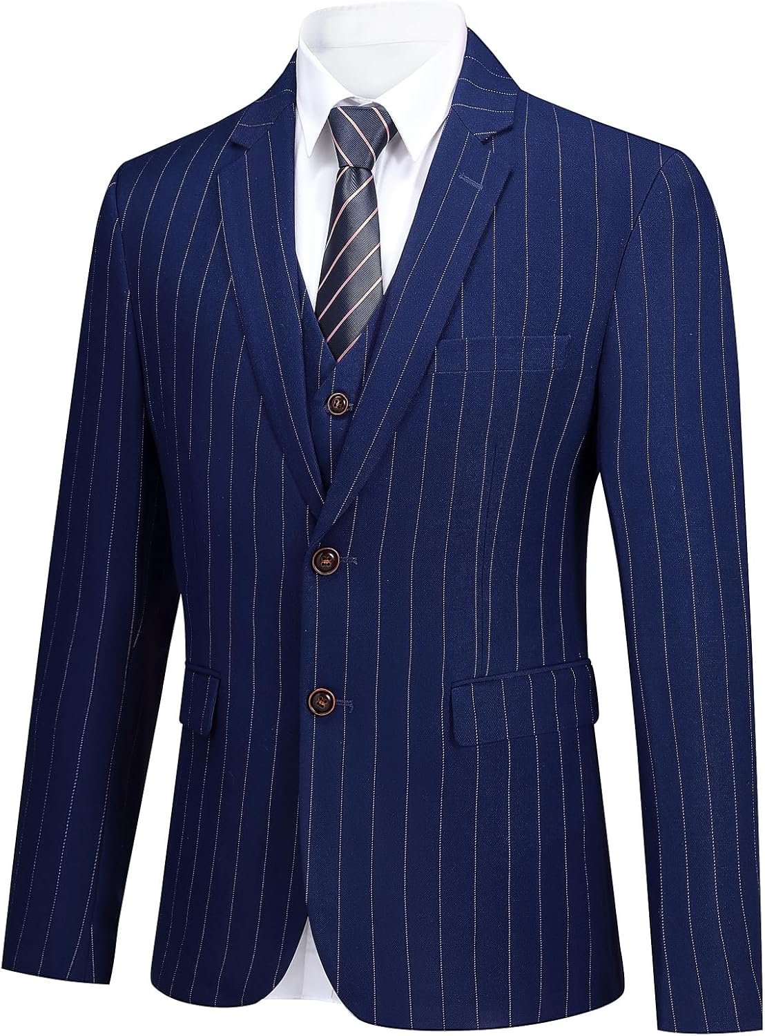 Cloudstyle Mens 3 Piece Stripe Suit Set Center Vent 2 Button Tux Blazer Jacket Vest Trousers - Image 3