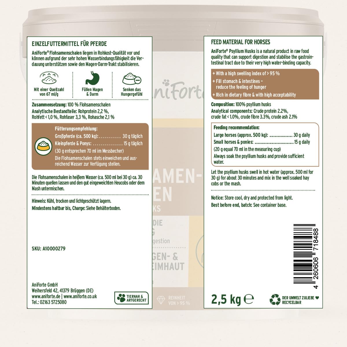 AniForte Indische Flohsamenschalen Pferd 2,5kg – Reich an Ballaststoffen & Schleimstoffen, zur Unterstützung der Verdauung, in Rohkostqualität