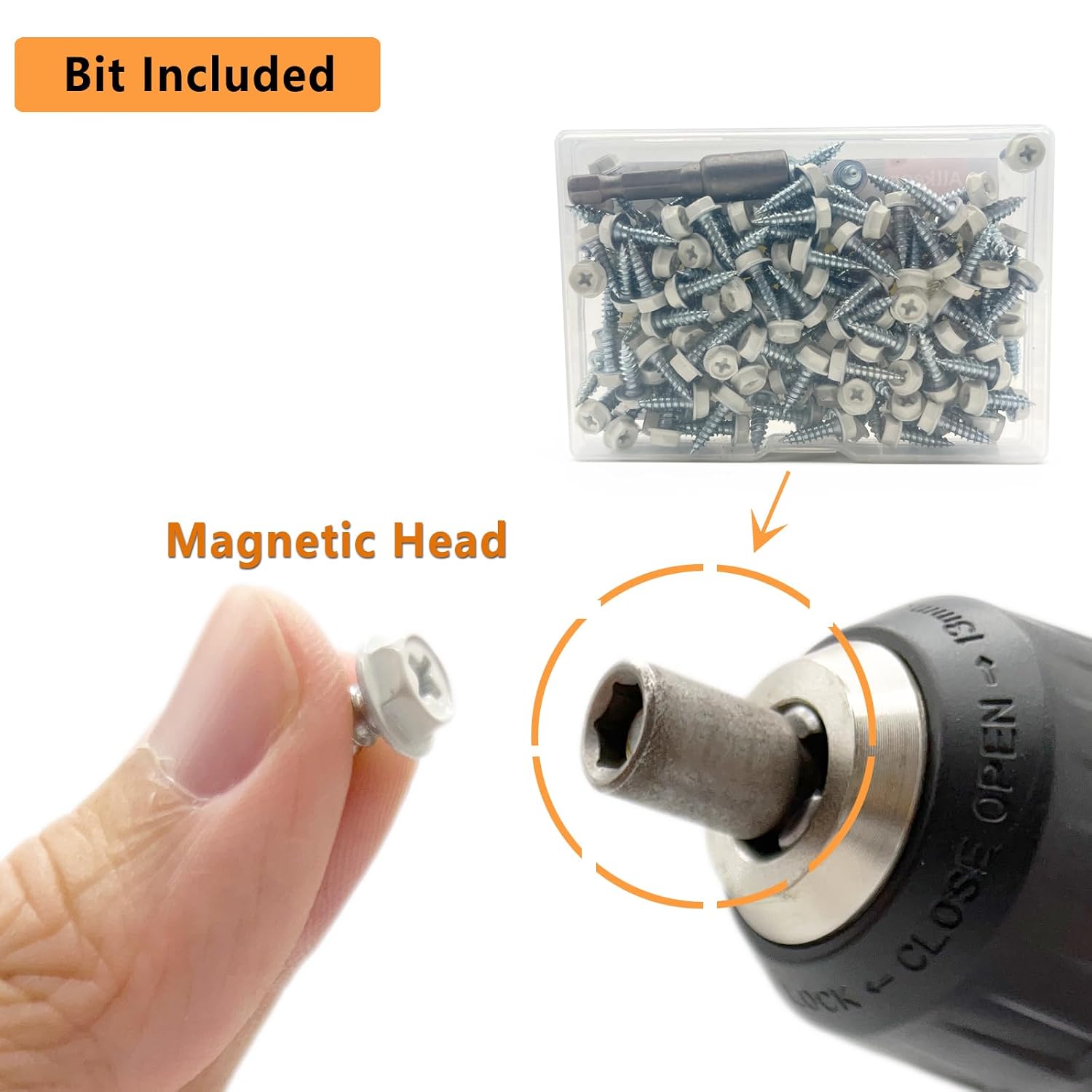 #8 x 1/2" Self-Tapping Gutter Screws White Painted Hex Head Zinc Plated Finish, 250 Pieces, 1/4" Magnetic Driver Included