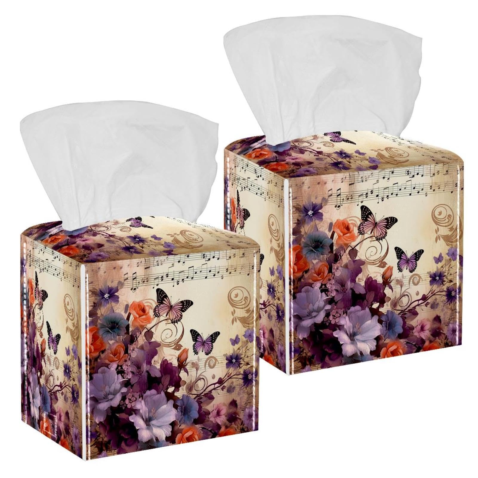 Florals Music Notes Tissue Box Cover, 2 Pack PU Leather Square Facial Tissue Dispenser Box holder for Home Office Car