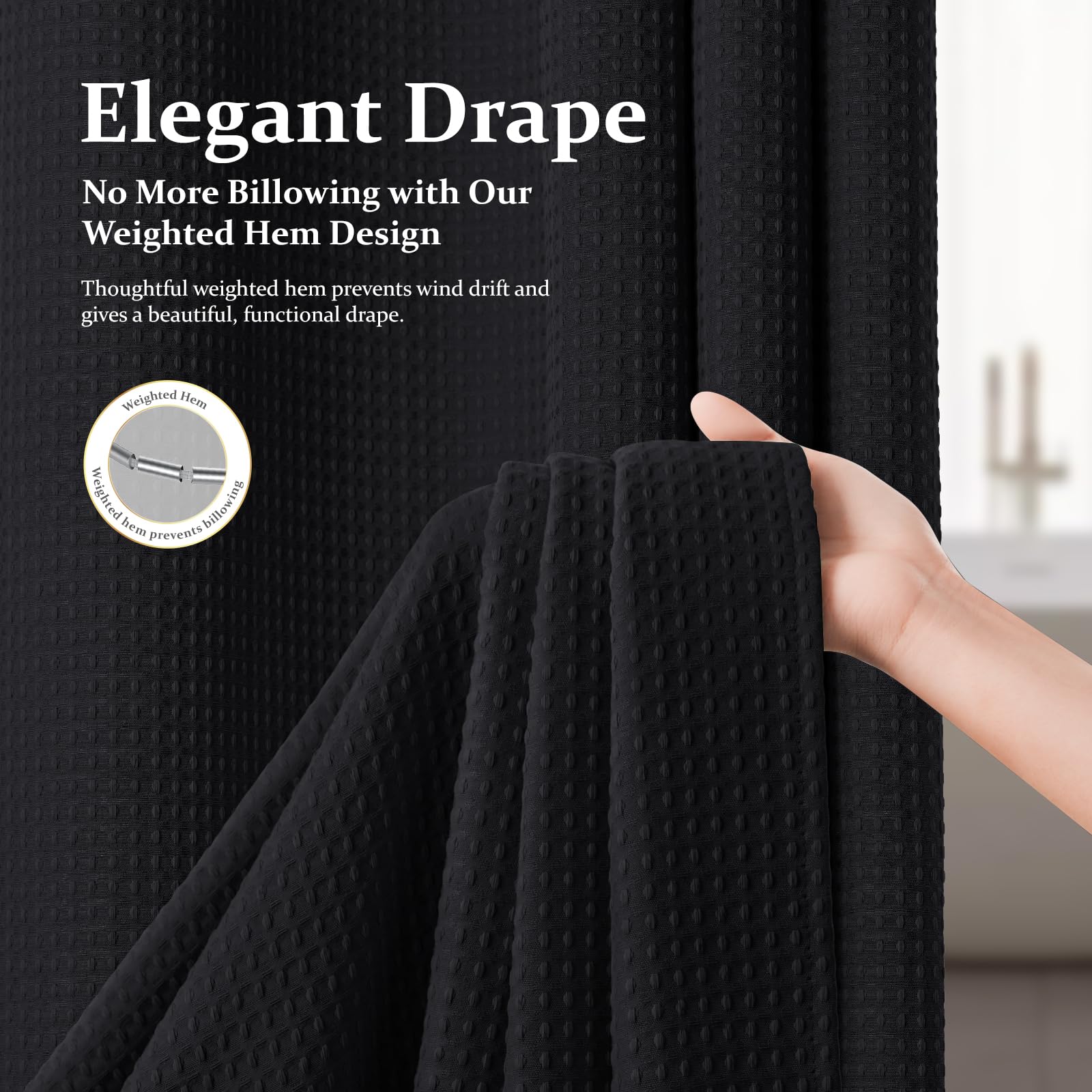 Best Kohl's-Style Shower Curtains to Buy in 2026 2 Dynamene Waffle Shower Curtain 256 GSM Heavy Duty Fabric 72'x72' Black — product photo