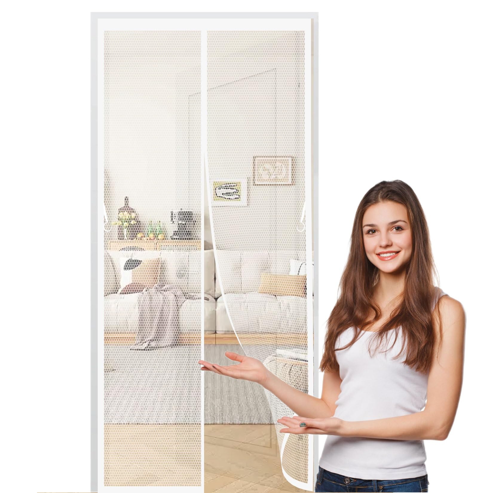 Liujyuan White Magnetic Fly Insect Screen Door 128 X 105 Cm With Magnets, Magic Tapes, Polyester Fly Screens Doors Nets Lets Fresh Air, Easy To Install For Living Garage Doors,