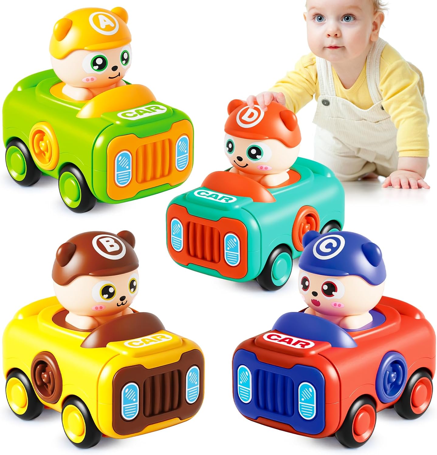 Keamaidy Baby Car Toys for Toddler 1-3, 4PCS Press to Go Push Car, Infant Play Whistle Vehicle Toy Set for 12-18 Months, 1st Birthday Christmas Easter Gifts for 1-2 Years Old Boys