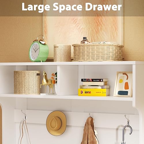 Miniatura 6 de ROOMTEC Perchero con ganchos para estantes de banco, árbol de entrada con banco y almacenamiento de zapatos, banco tapizado de almacenamiento de