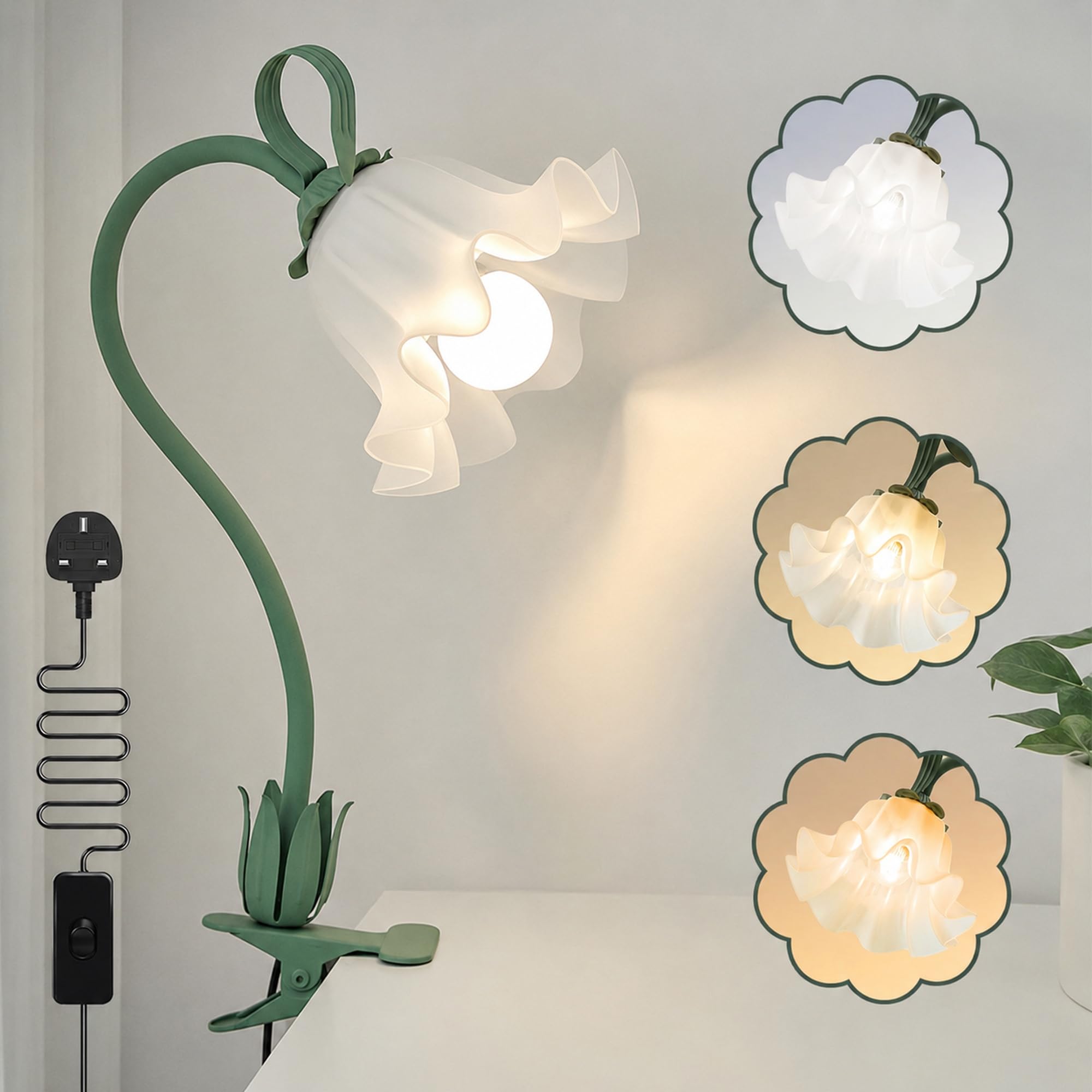 Lámpara de escritorio con diseño de flores, 3 modos de color, luz LED para el cuidado de los ojos, cuello de cisne flexible con clip para mesita de noche para camas, cabecero, escritorio