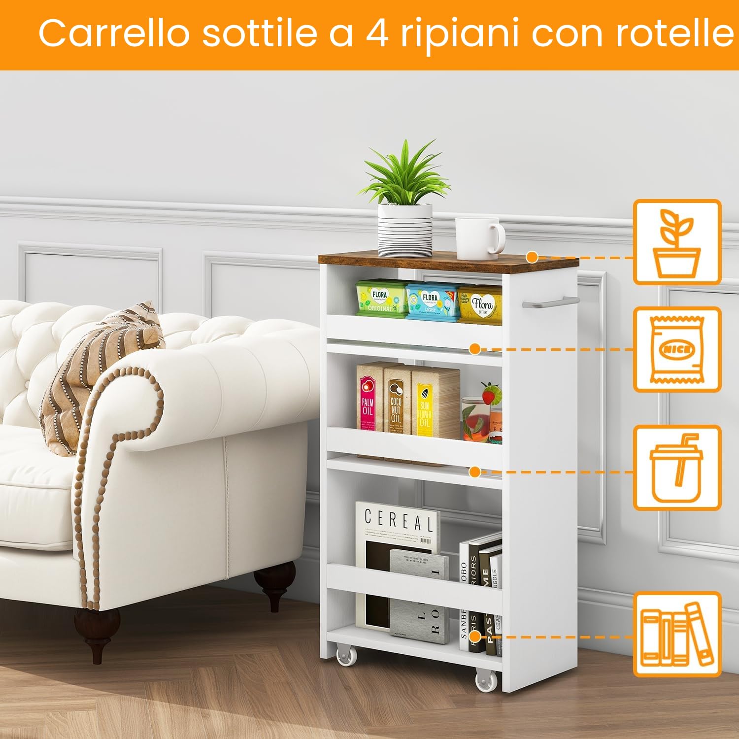 IBUYKE Carrello Portaoggetti a 4 Ripiani, Carrello Cucina Salvaspazio con Maniglia, Carrellino Bagno Slim con Ruote,Montaggio Facile, in Cucina, Bagno,Salvaspazio,40x20x85 cm,Bianco WST005W-L