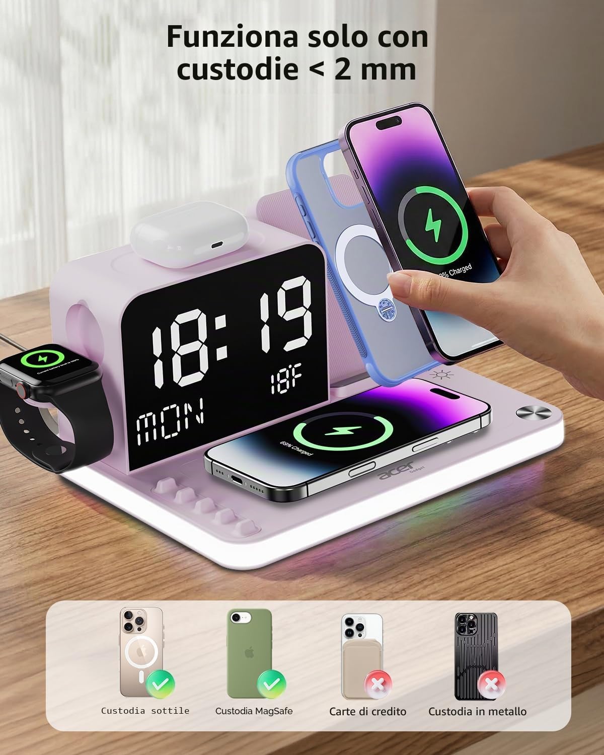 Acer Stazione di ricarica wireless 7 in 1 con orologio a LED, caricabatterie wireless veloce da 30 W per iPhone 16/15/14/13/12/Pro Max, Apple Watch, AirPods, sincronizzazione automatica dell'ora e