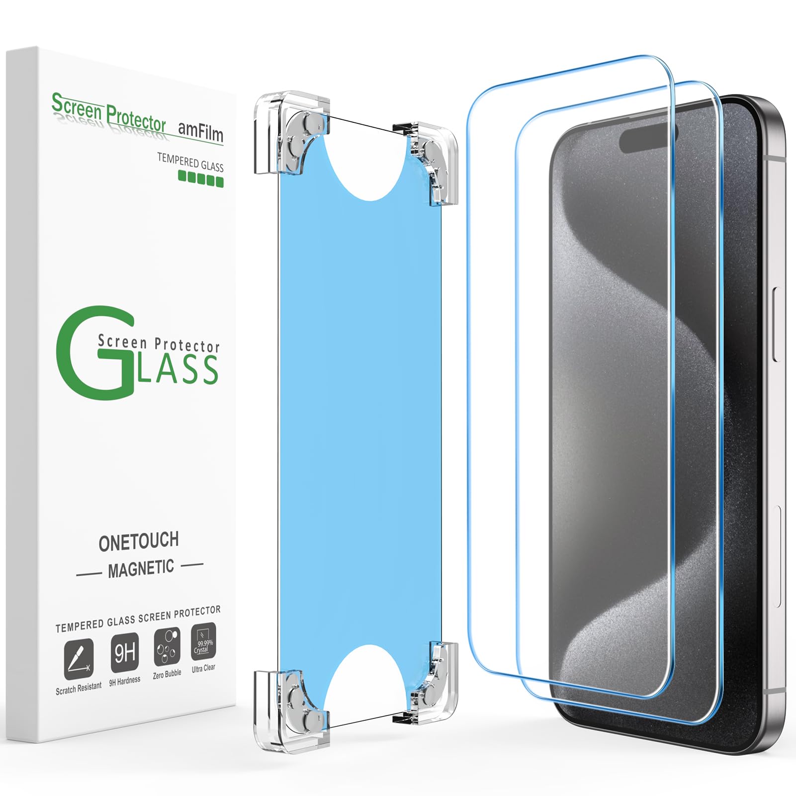 amFilm 2 Pack Magnetic OneTouch for iPhone 15 Pro 6.1" Screen Protector [Eco Friendly & Reduce Plastic] [Indestructible Ultra 9H Tempered Glass] [15