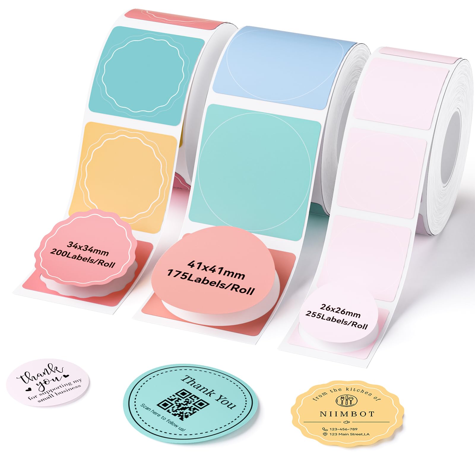 NIIMBOT 3 Roll Set Round Labels, 26x26mm/34x34mm/41x41mm