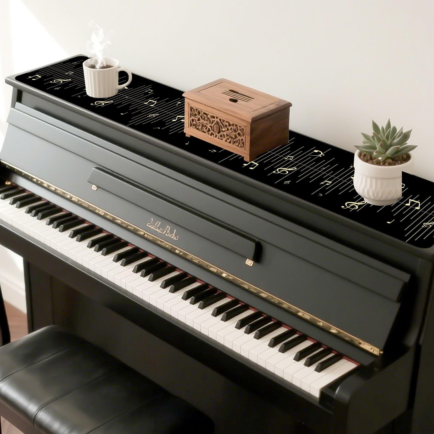 Piano Top Runner Mat, Non-Slip Rubber Bottom, Free Cut Top Protector Dust-Proof Covers for Piano Musical Instrument, Chiffonier, Chest of Drawers, TV Stand, Television Cabinet(Black Note, 61" x 13.8")