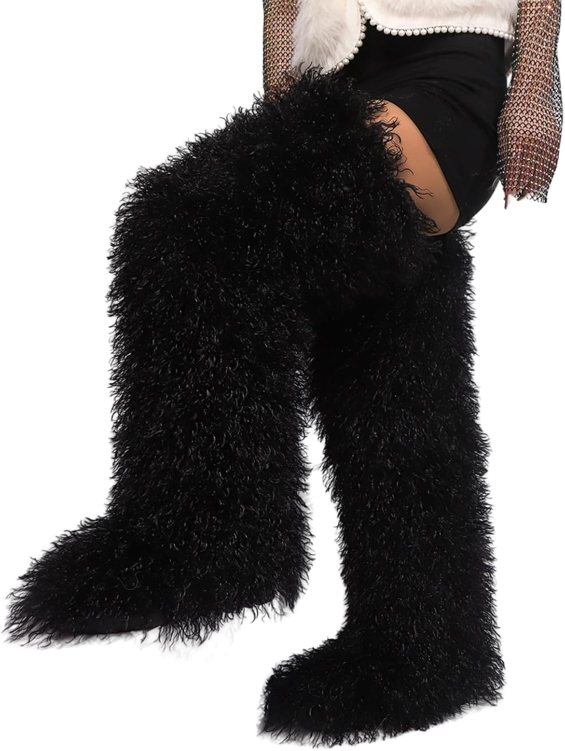 Black Thigh High Fur Boots, Over the Knee Fluffy High Boots, Tall Furry shoes for Women