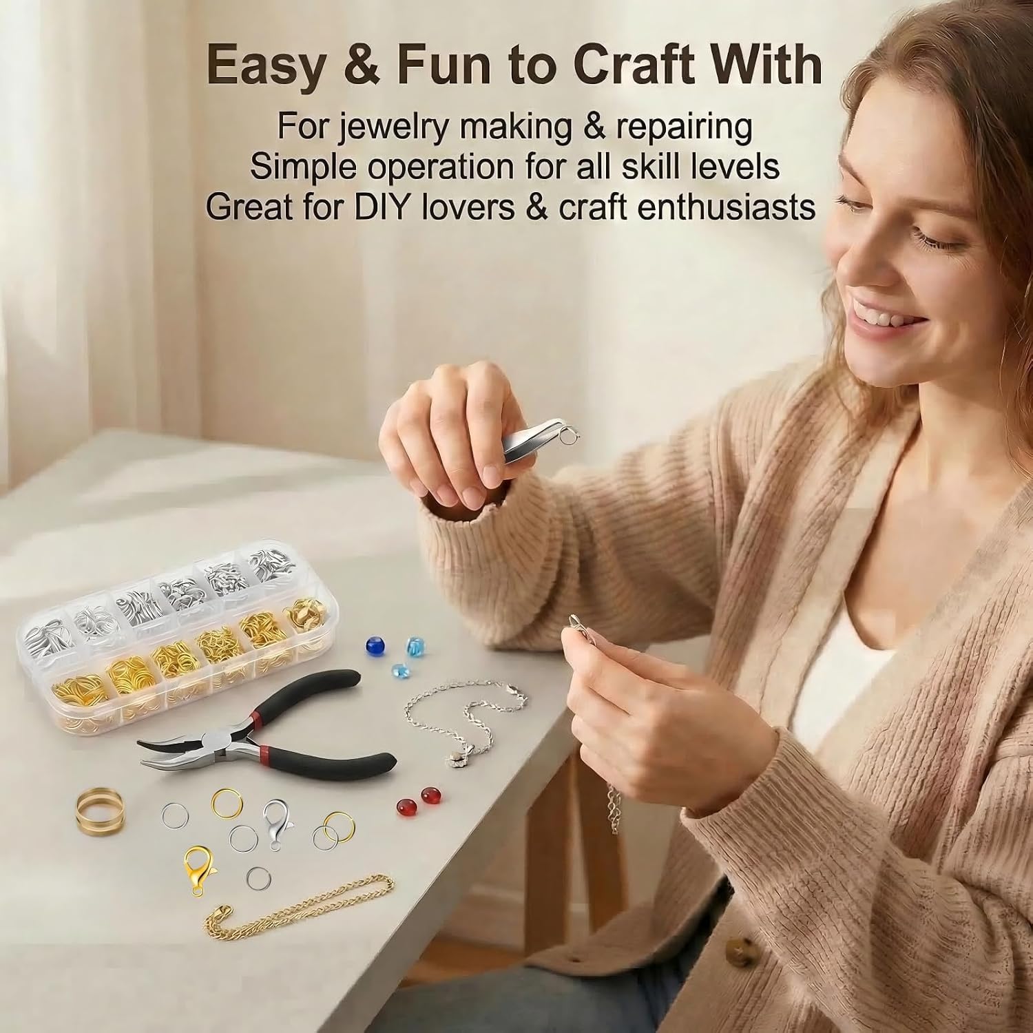1200Pcs Small Open Jump Rings Jewelry Making Supplies with Pliers, Opener & Lobster Clasps, Jewelry Repair Kit Tools for Fixing Necklaces & Bracelet, Gold Silver Ring for Necklace & Charms