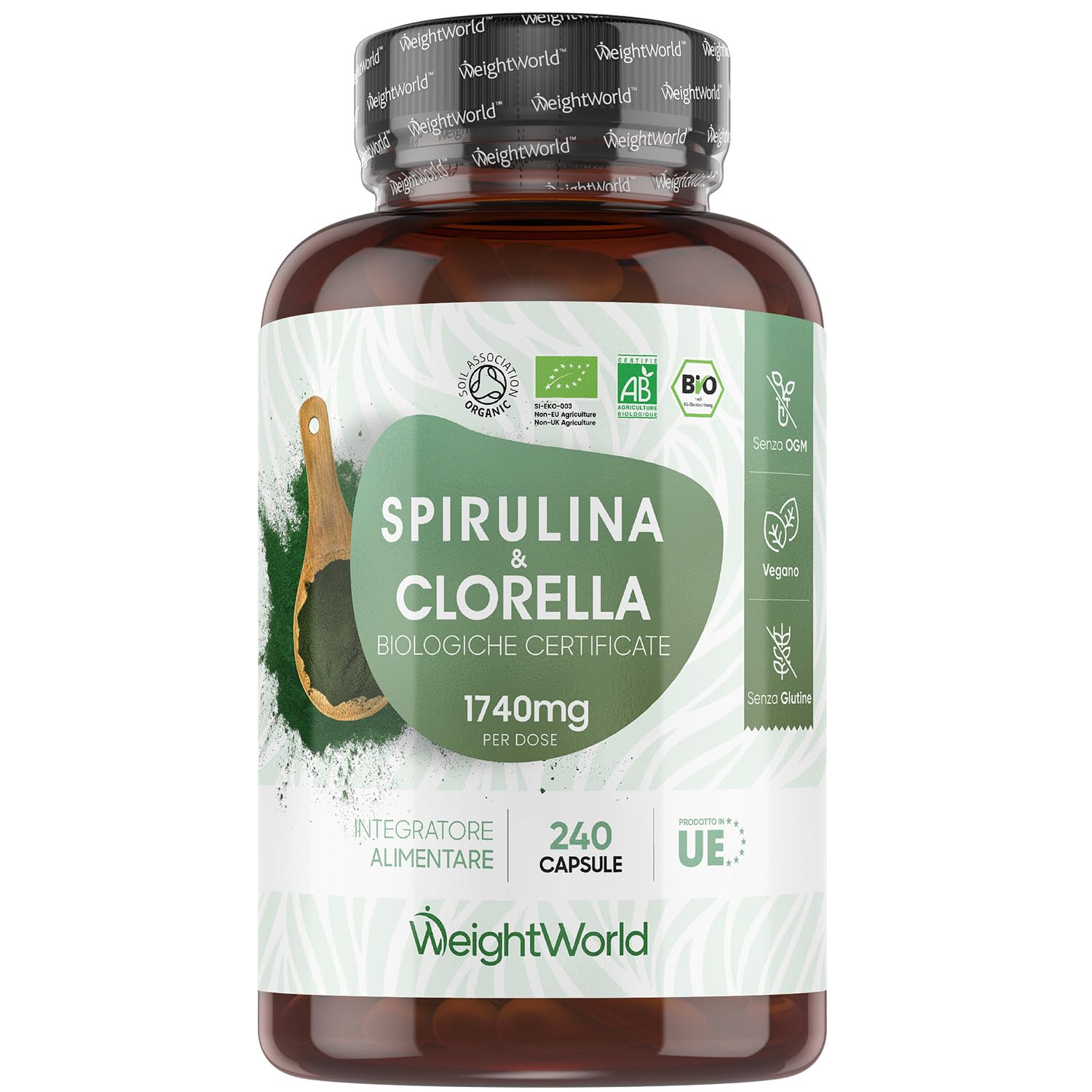 Spirulina e Clorella Biologiche Certificate, 240 Capsule Vegane, Alga Spirulina Bio, Clorella Bio Superfood, Dose da 1740mg per Capsula, Integratore Privo di Glutine e Senza OGM, Prodotto in Europa