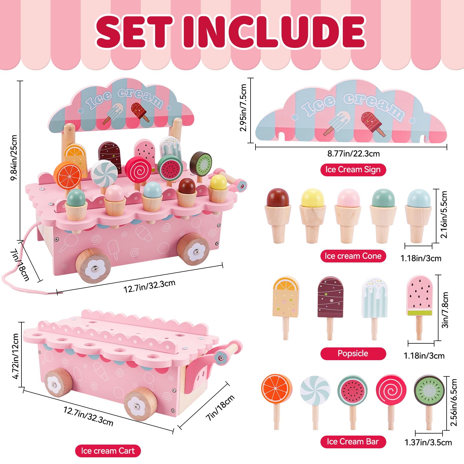 Glacier en Bois pour Enfant,Jeu de Glace en Bois,Jouet de Crème Glacée,Magasin de Glace Enfant Jeux de Rôle Jouets en Bois Jouets Montessori Cadeau pour Garçons Filles à Partir de 3 Ans