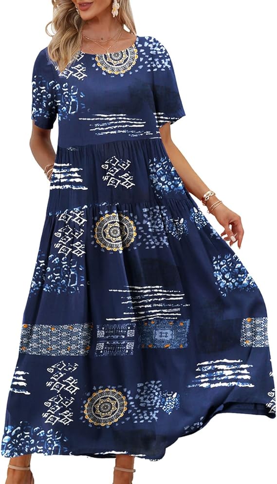 YESNO Women Dresses Casual Plus Size Bohemian Short Sleeve Floral Long