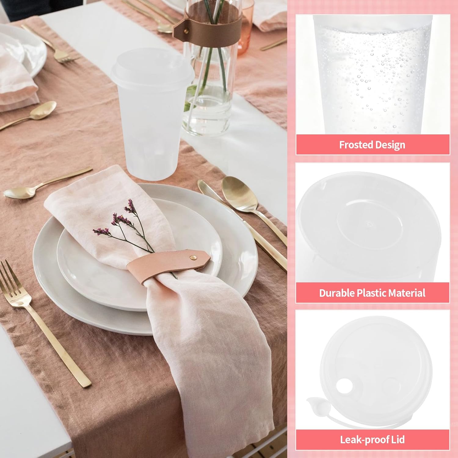 100 Set Frosted Plastic Cups with Lids Clear Disposable Drinking Cups for Wedding Reception Stadium Bulk Cups,16oz