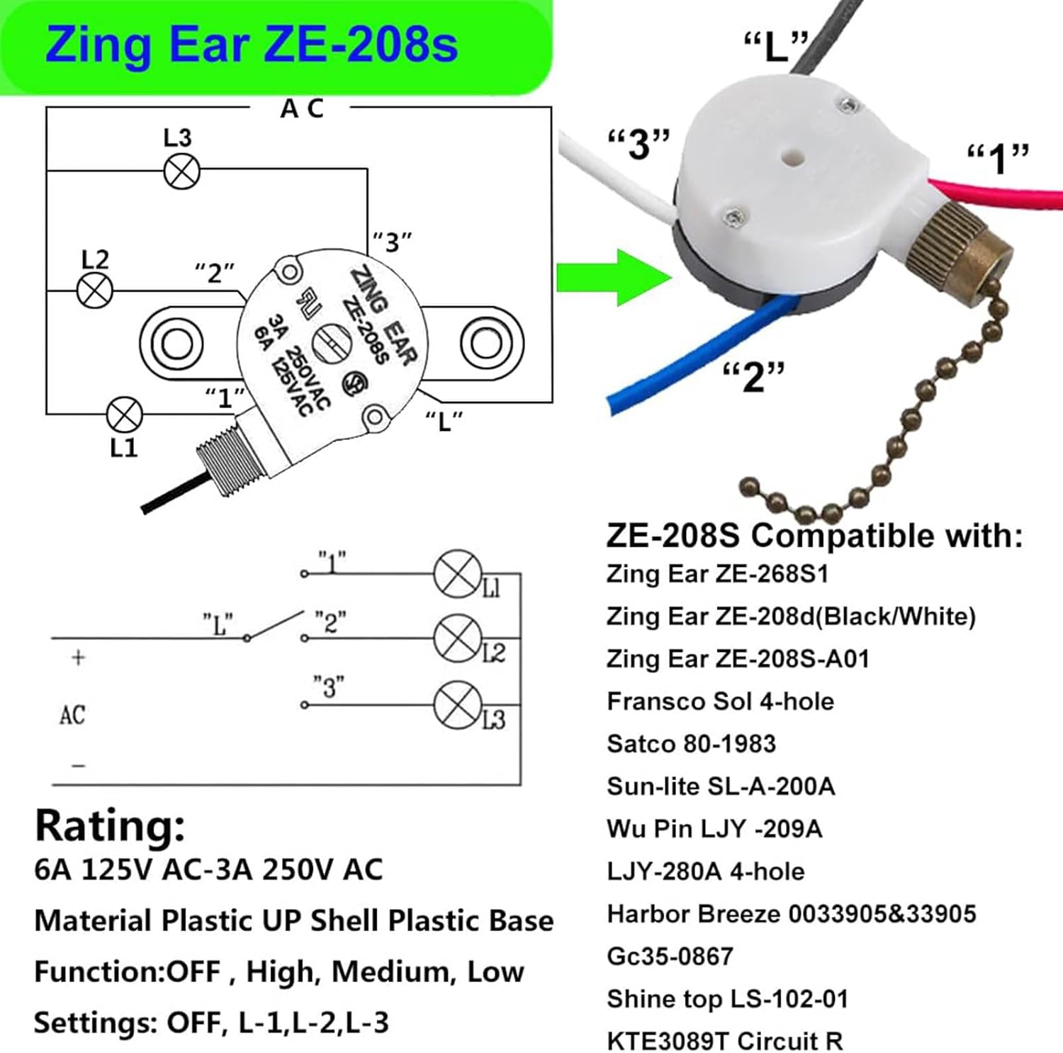 Ceiling Fan Switchs 3 Speed 4 Wire ZE-208s Zings Ear Fan Pull Chain Switchs With 4 Pre-Installed Wires For Office House Fan Light Switchs Ceiling Fan Switchs Zings Ear ZE-208s With 4 Pre-Installed 3 4