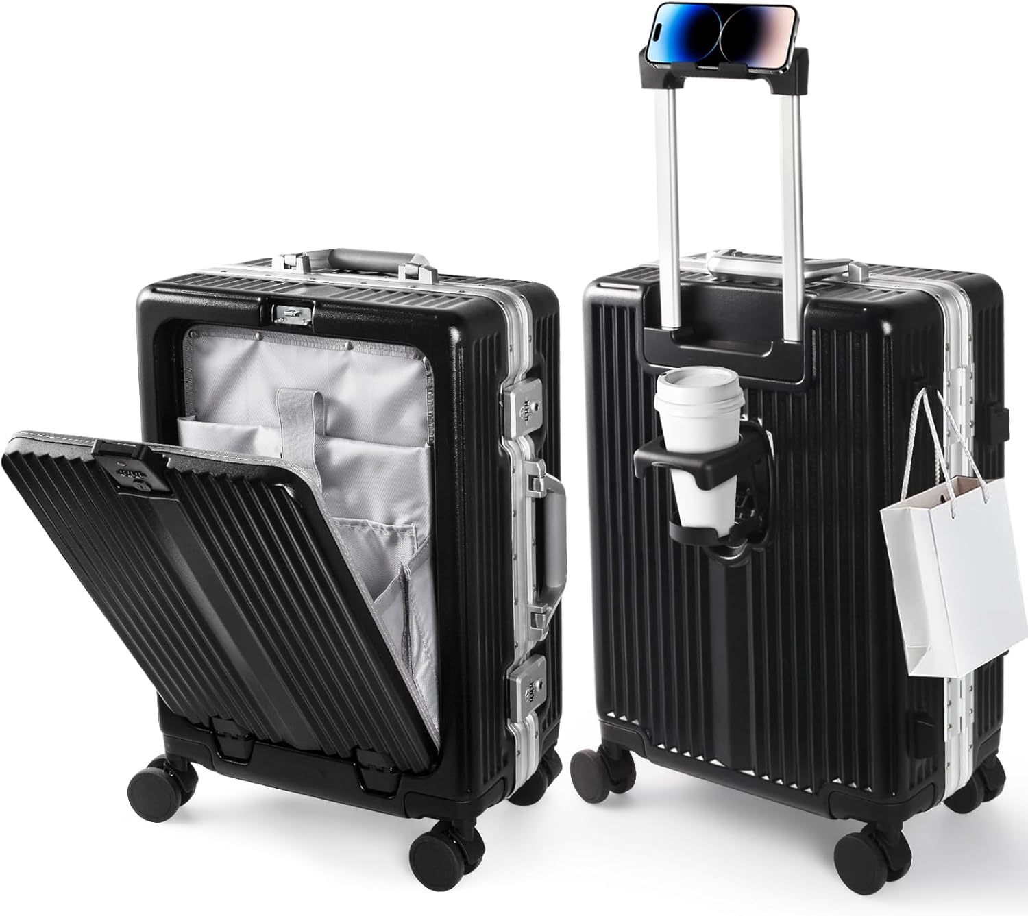 20-Inch Aluminum Frame Front Open Suitcase – Anti-Drop Carry-On Luggage with Laptop Compartment, Cup Holder & Customs Lock, Universal Spinner Wheels for Air Travel (Black) 20-Inch Aluminum Frame Front Open Suitcase – Anti-Drop Carry-On Luggage with Laptop Compartment, Cup Holder & Customs Lock, Universal Spinner Wheels for Air Travel (Black)