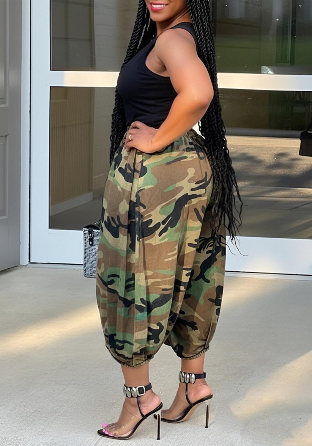 Tbahhir Women's Baggy Jeans Barrel Cropped Elastic Waist Denim Pants Loose Trousers with Pockets